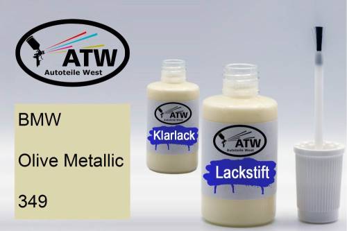 BMW, Olive Metallic, 349: 20ml Lackstift + 20ml Klarlack - Set, von ATW Autoteile West.